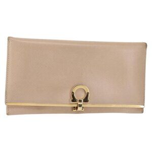 Salvatore Ferragamo Gancini Long Wallet Leather Beige Gold Auth